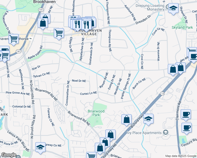 map of restaurants, bars, coffee shops, grocery stores, and more near 2369 Drew Valley Road Northeast in Atlanta