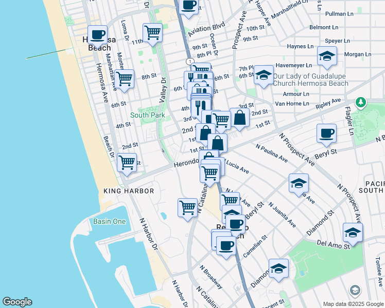 map of restaurants, bars, coffee shops, grocery stores, and more near in Hermosa Beach