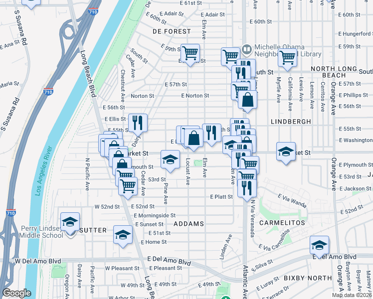 map of restaurants, bars, coffee shops, grocery stores, and more near 310 East Louise Street in Long Beach