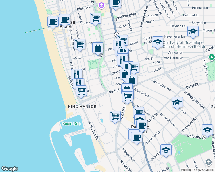 map of restaurants, bars, coffee shops, grocery stores, and more near 110 Hill Street in Hermosa Beach