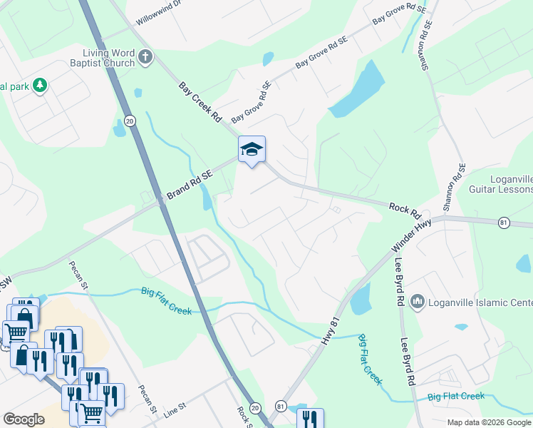 map of restaurants, bars, coffee shops, grocery stores, and more near Misty Grove Drive Southeast in Loganville