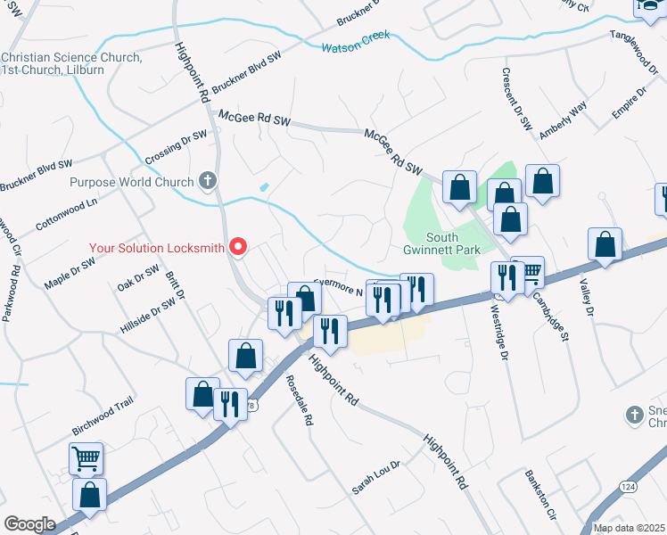 map of restaurants, bars, coffee shops, grocery stores, and more near 3075 Westpoint Cir in Snellville