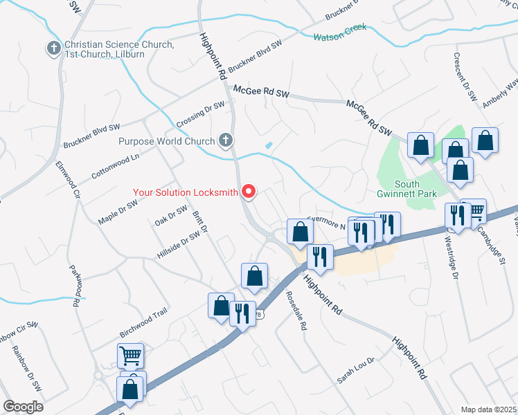 map of restaurants, bars, coffee shops, grocery stores, and more near 1998 Thorngate Lane in Snellville