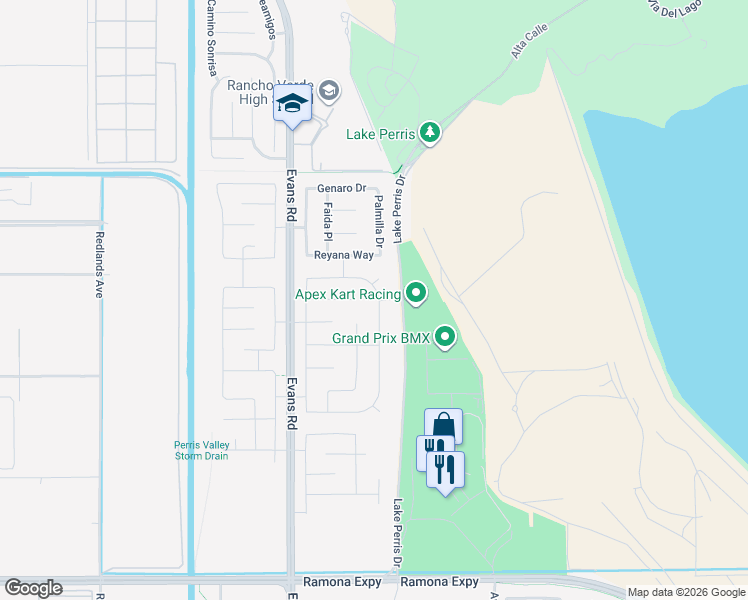 map of restaurants, bars, coffee shops, grocery stores, and more near 4540 Candelaria Way in Perris