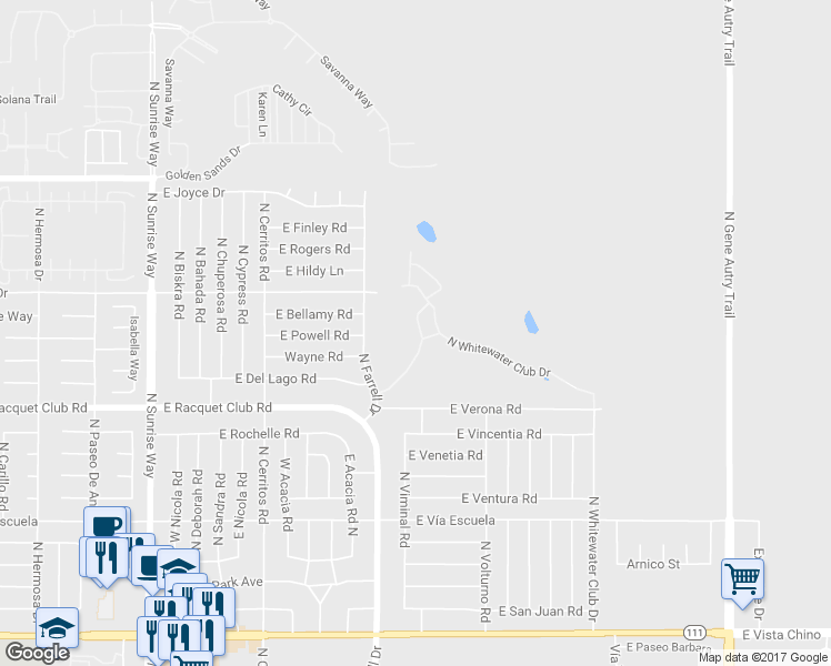 map of restaurants, bars, coffee shops, grocery stores, and more near 2657 North Whitewater Club Drive in Palm Springs