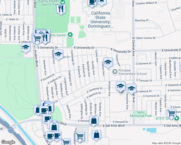 map of restaurants, bars, coffee shops, grocery stores, and more near 19426 Belshaw Avenue in Carson
