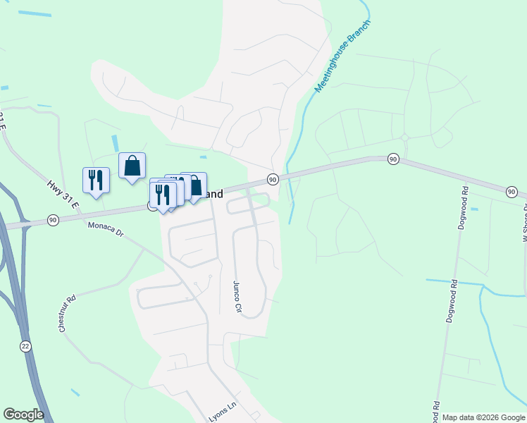 map of restaurants, bars, coffee shops, grocery stores, and more near 525 Eagleton Court in Longs