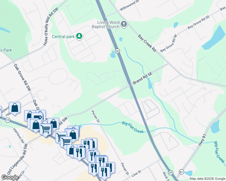 map of restaurants, bars, coffee shops, grocery stores, and more near 277 Brand Road Southwest in Loganville