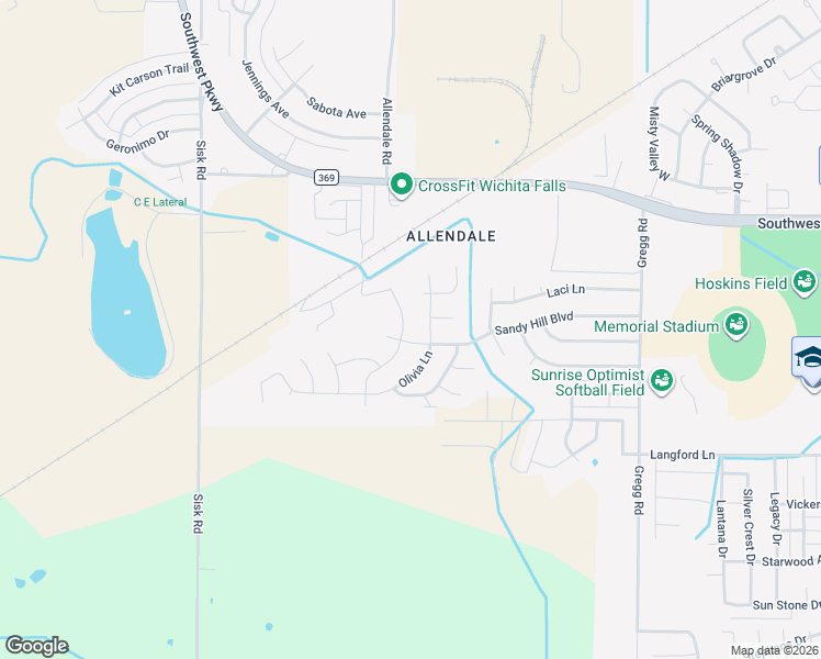 map of restaurants, bars, coffee shops, grocery stores, and more near 4824 Olivia Lane in Wichita Falls
