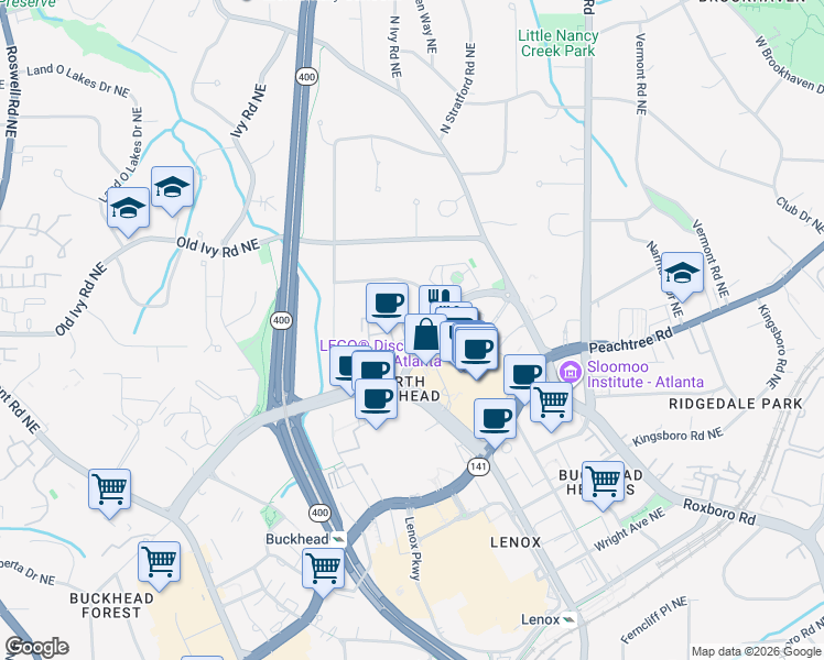 map of restaurants, bars, coffee shops, grocery stores, and more near 715 Phipps Boulevard Northeast in Atlanta