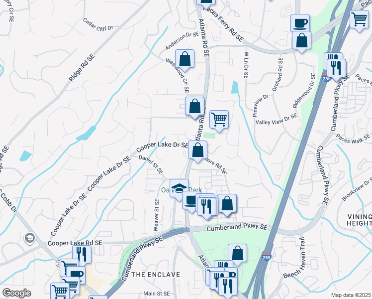 map of restaurants, bars, coffee shops, grocery stores, and more near 4075 Thorndale Lane in Smyrna