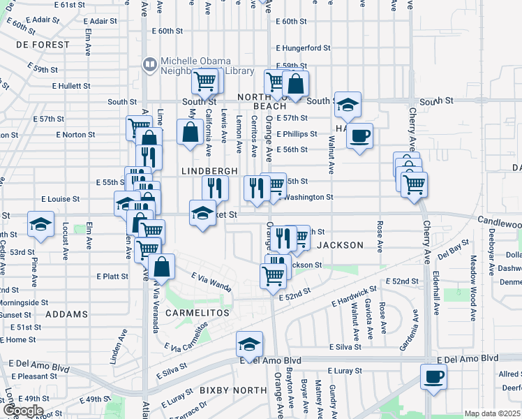 map of restaurants, bars, coffee shops, grocery stores, and more near 5429 Orange Avenue in Long Beach