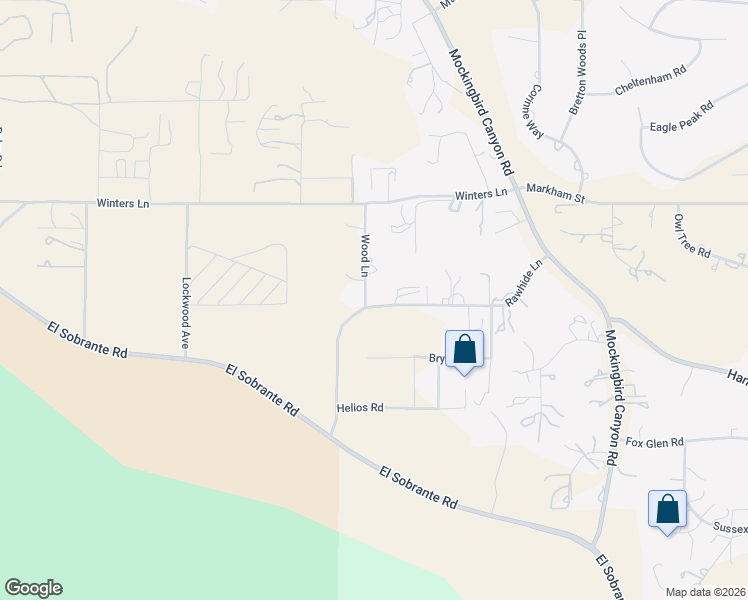 map of restaurants, bars, coffee shops, grocery stores, and more near 18210 Wood Lane in Riverside