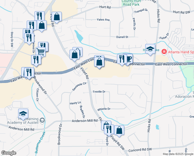 map of restaurants, bars, coffee shops, grocery stores, and more near 4044 Elsdon Drive in Austell