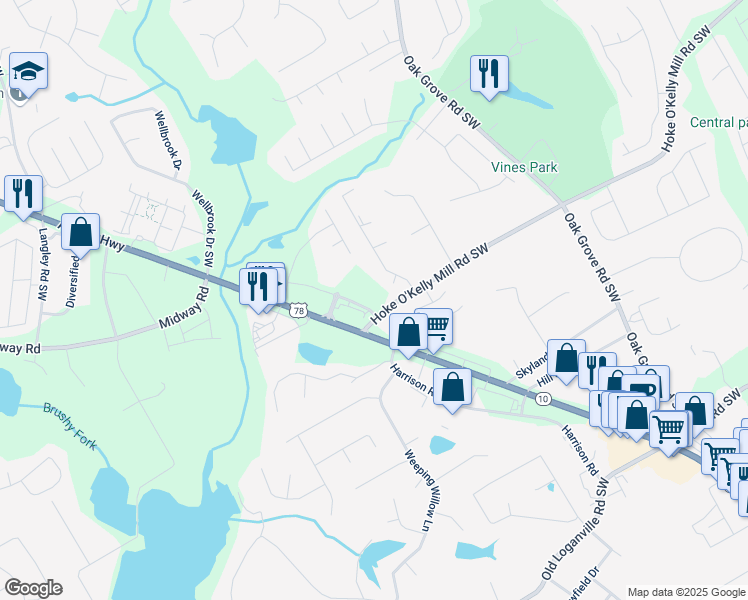 map of restaurants, bars, coffee shops, grocery stores, and more near 735 Hoke O'Kelly Mill Road Southwest in Loganville