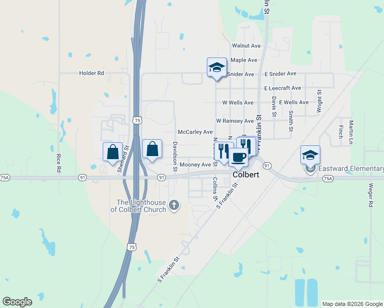 map of restaurants, bars, coffee shops, grocery stores, and more near 510 West Coleman Avenue in Colbert
