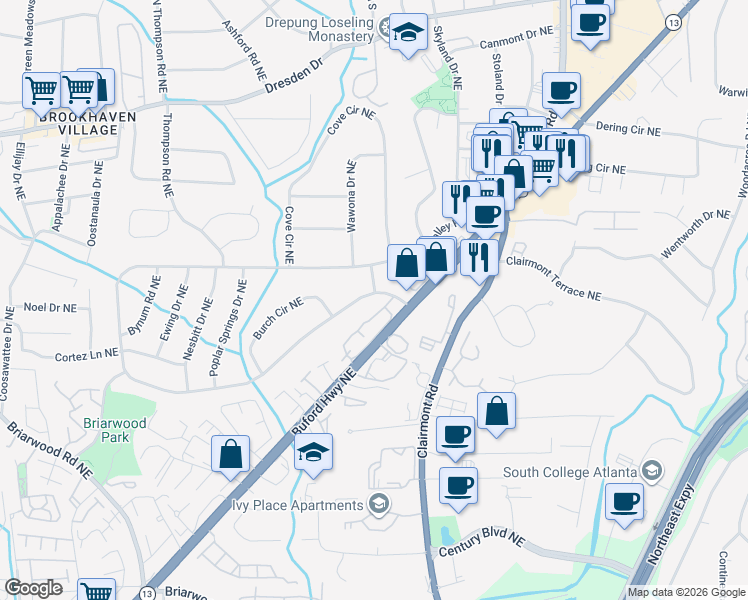 map of restaurants, bars, coffee shops, grocery stores, and more near 2007 Drew Valley Road Northeast in Atlanta