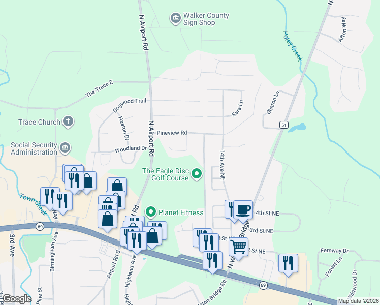 map of restaurants, bars, coffee shops, grocery stores, and more near 1053-1099 11th Avenue Northeast in Jasper