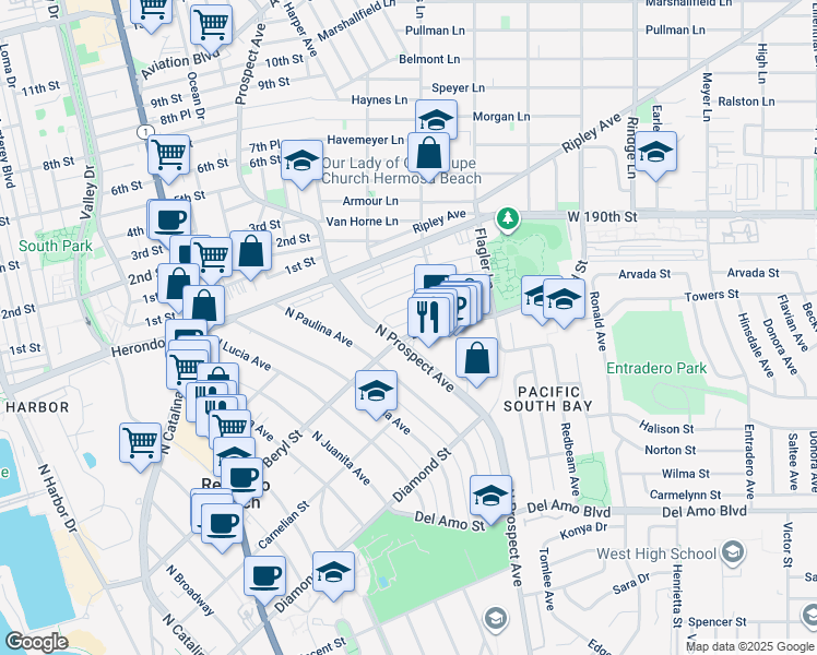 map of restaurants, bars, coffee shops, grocery stores, and more near 1207 Beryl Street in Redondo Beach