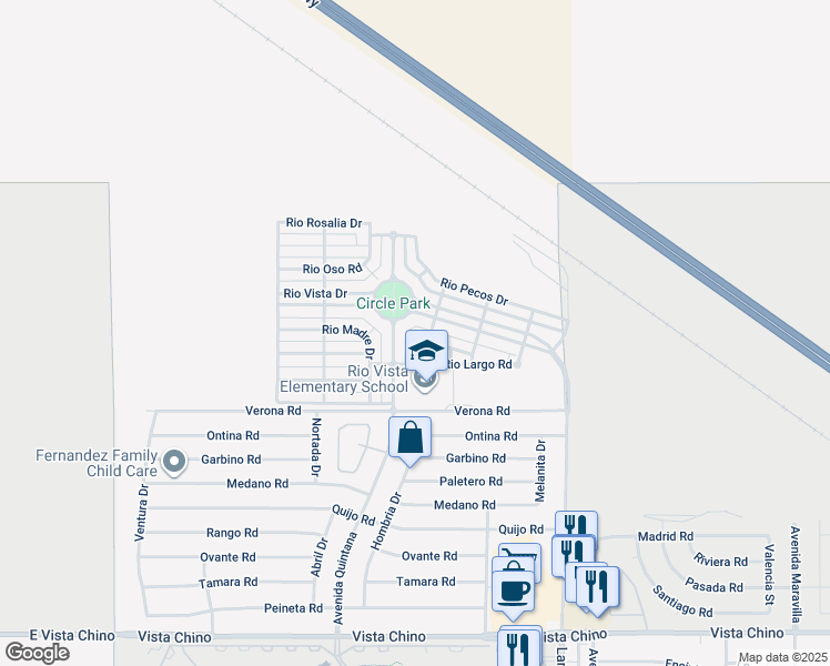 map of restaurants, bars, coffee shops, grocery stores, and more near 67701 Rio Vista Drive in Cathedral City