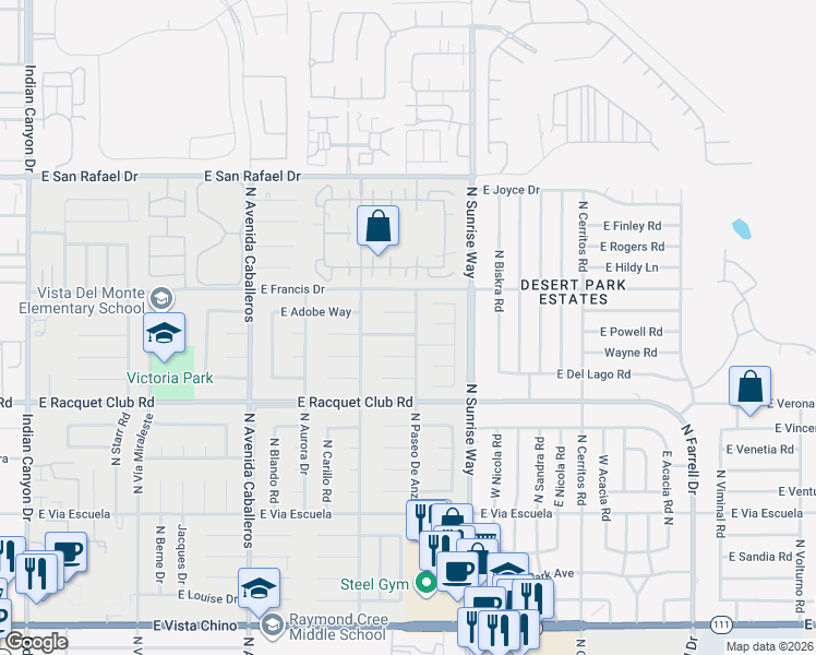 map of restaurants, bars, coffee shops, grocery stores, and more near 1497 East Adobe Way in Palm Springs