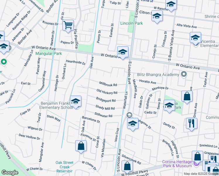map of restaurants, bars, coffee shops, grocery stores, and more near 1201 Millbrook Road in Corona