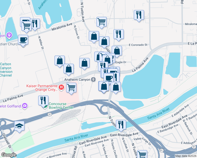 map of restaurants, bars, coffee shops, grocery stores, and more near in Anaheim
