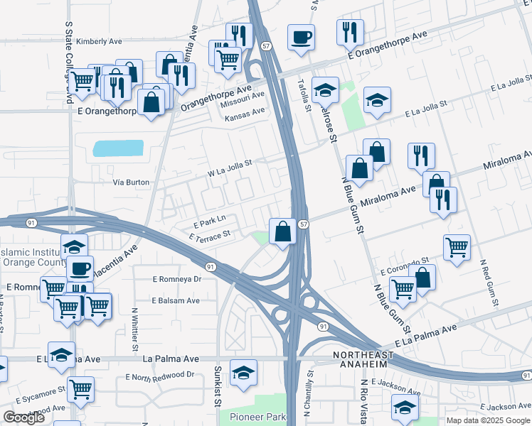 map of restaurants, bars, coffee shops, grocery stores, and more near 1325 North Fashion Lane in Anaheim