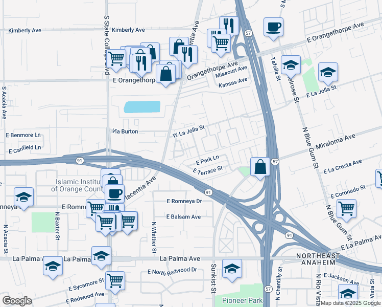 map of restaurants, bars, coffee shops, grocery stores, and more near 1047 Wallgreen Street in Placentia