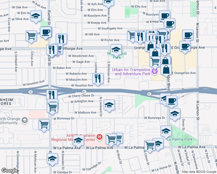 map of restaurants, bars, coffee shops, grocery stores, and more near 475 West Houston Avenue in Fullerton