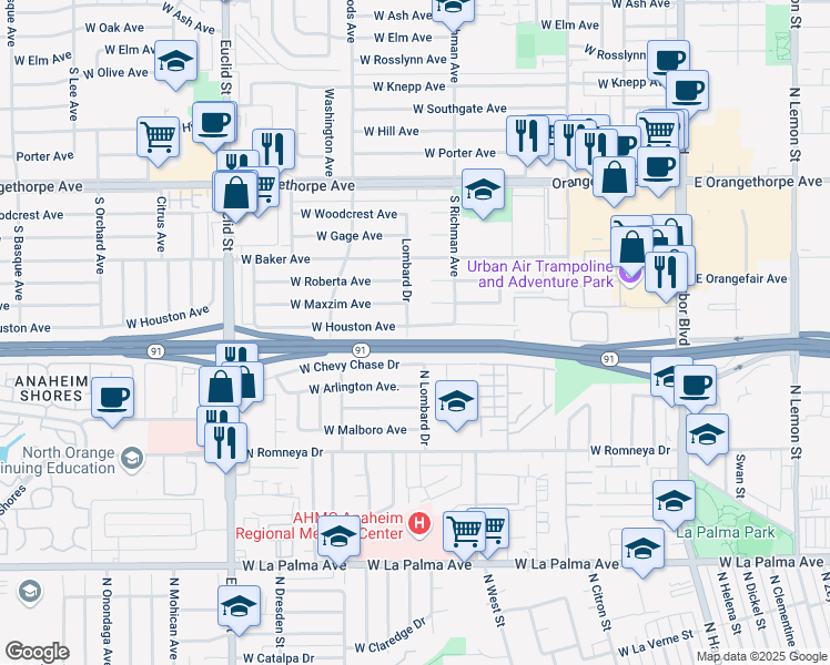 map of restaurants, bars, coffee shops, grocery stores, and more near 531 West Houston Avenue in Fullerton