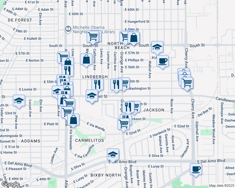 map of restaurants, bars, coffee shops, grocery stores, and more near 5429 Orange Avenue in Long Beach