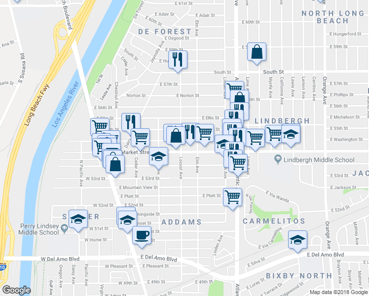 map of restaurants, bars, coffee shops, grocery stores, and more near 310 East Louise Street in Long Beach