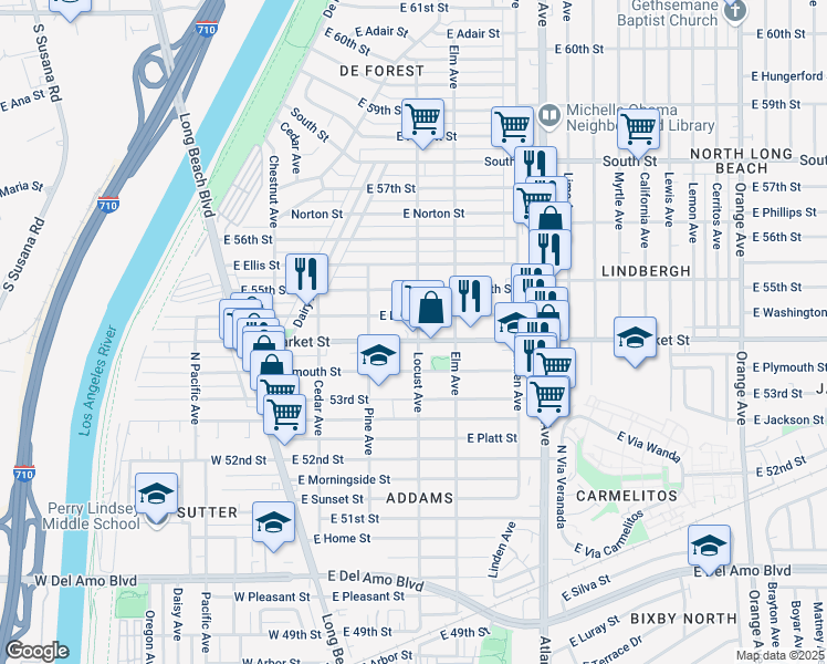 map of restaurants, bars, coffee shops, grocery stores, and more near 310 East Louise Street in Long Beach