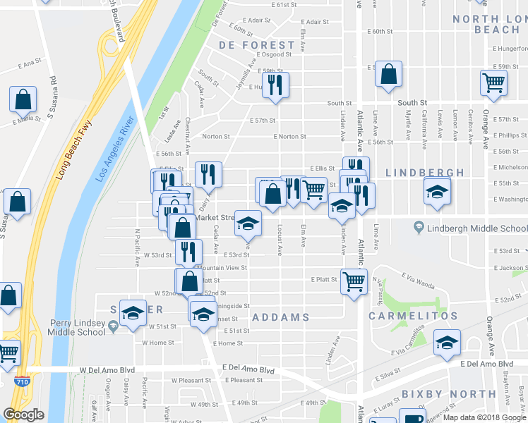 map of restaurants, bars, coffee shops, grocery stores, and more near 232 East Louise Street in Long Beach