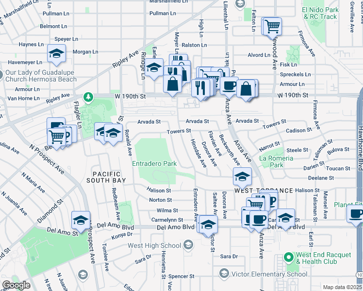 map of restaurants, bars, coffee shops, grocery stores, and more near 19317 Entradero Avenue in Torrance