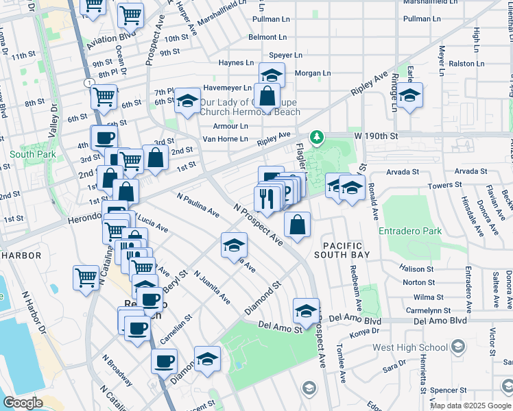 map of restaurants, bars, coffee shops, grocery stores, and more near 1216 Amethyst Street in Redondo Beach