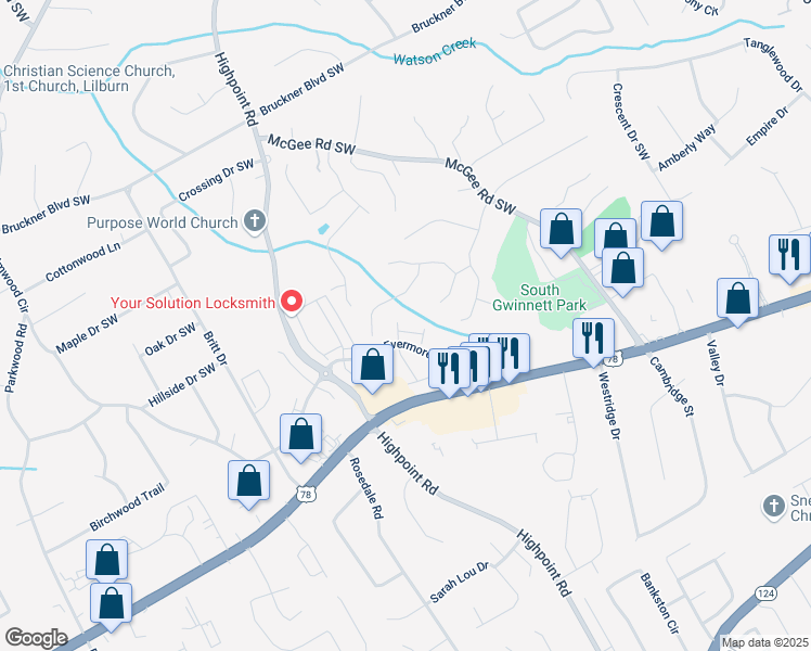 map of restaurants, bars, coffee shops, grocery stores, and more near 3075 Westpoint Cir in Snellville