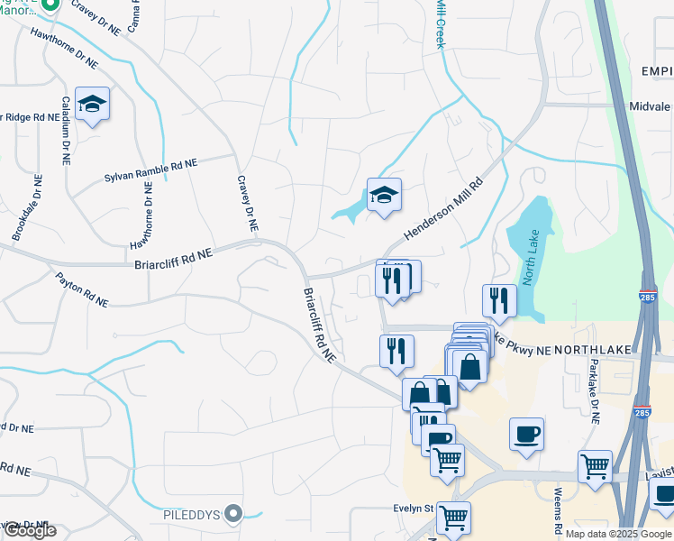 map of restaurants, bars, coffee shops, grocery stores, and more near 3145 Queens Walk in Atlanta
