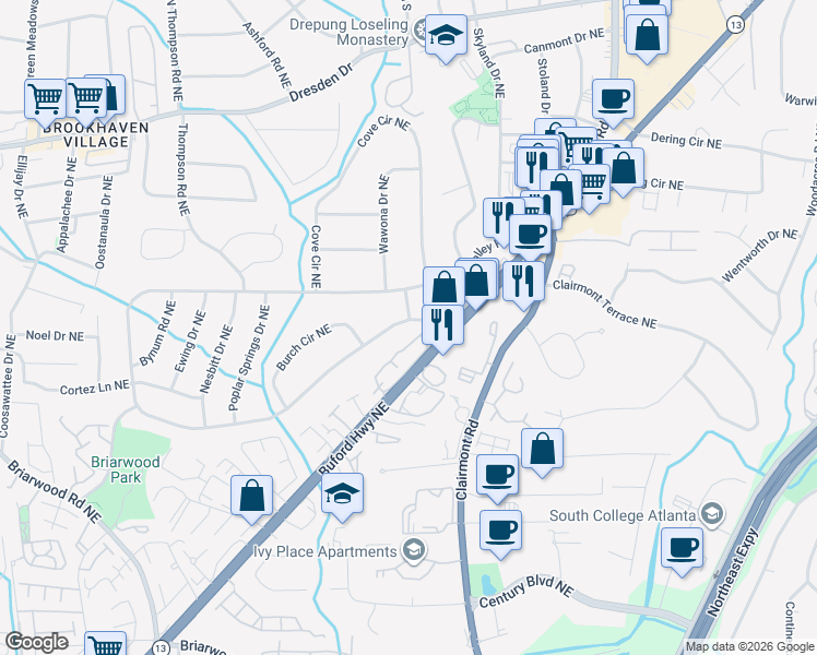 map of restaurants, bars, coffee shops, grocery stores, and more near 2007 Drew Valley Road Northeast in Atlanta
