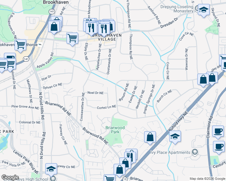 map of restaurants, bars, coffee shops, grocery stores, and more near 2381 Drew Valley Road Northeast in Brookhaven