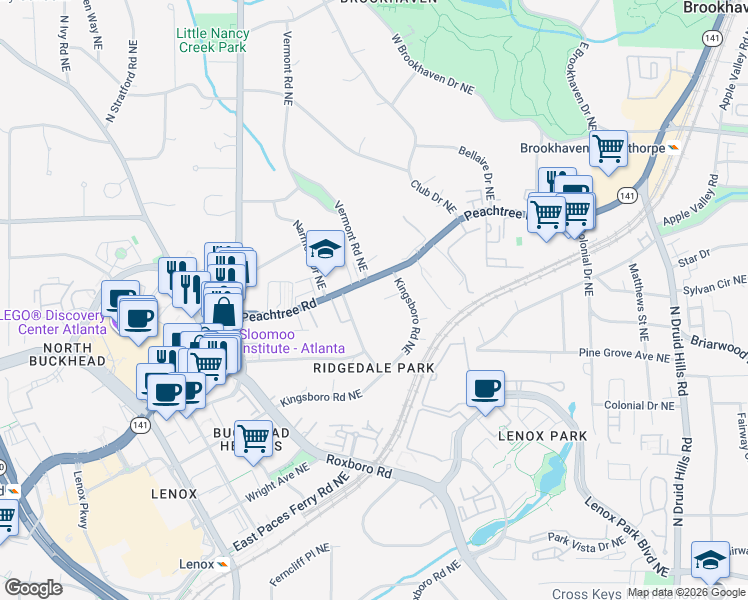 map of restaurants, bars, coffee shops, grocery stores, and more near 3707 Peachtree Road Northeast in Atlanta