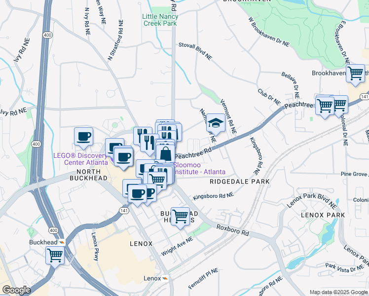 map of restaurants, bars, coffee shops, grocery stores, and more near 3648 Peachtree Road Northeast in Atlanta