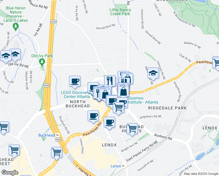 map of restaurants, bars, coffee shops, grocery stores, and more near 3626 Peachtree Road Northeast in Atlanta