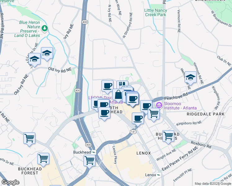 map of restaurants, bars, coffee shops, grocery stores, and more near 700 Park Regency Place Northeast in Atlanta