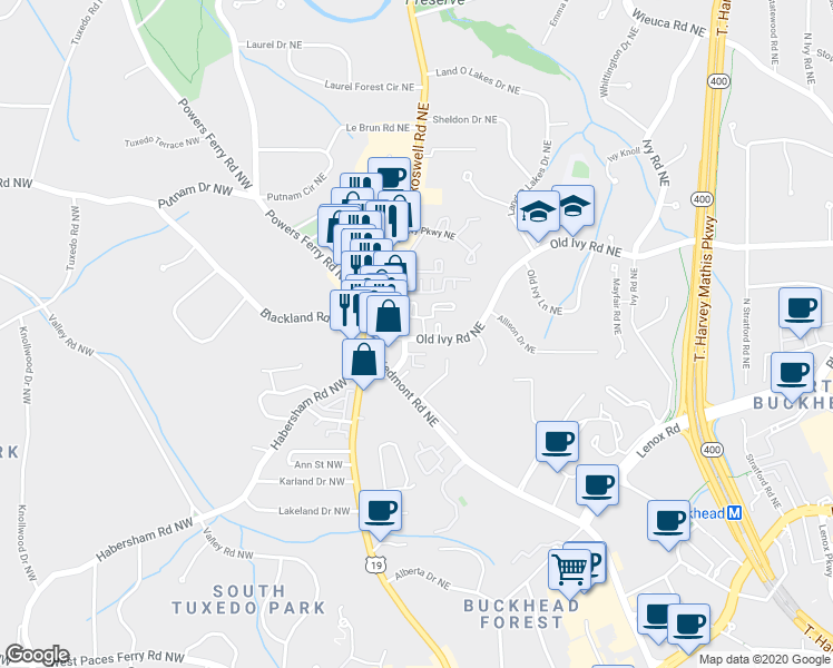 map of restaurants, bars, coffee shops, grocery stores, and more near 70 Old Ivy Road Northeast in Atlanta