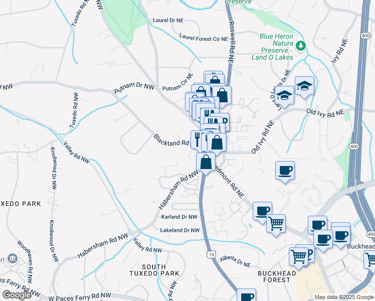 map of restaurants, bars, coffee shops, grocery stores, and more near 16 Blackland Road Northwest in Atlanta