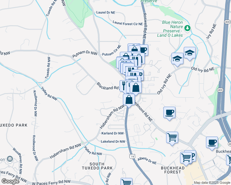 map of restaurants, bars, coffee shops, grocery stores, and more near 18 Blackland Road Northwest in Atlanta