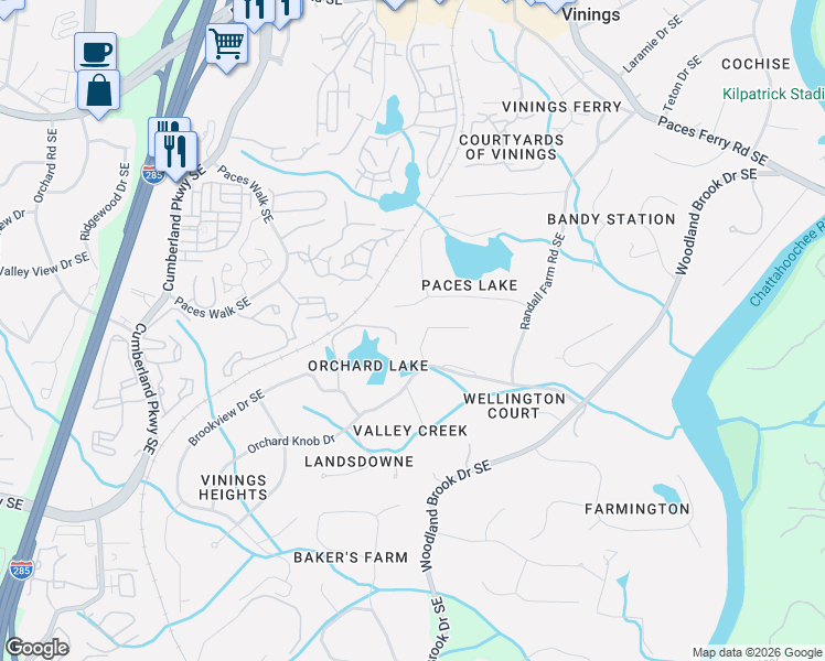 map of restaurants, bars, coffee shops, grocery stores, and more near in Vinings