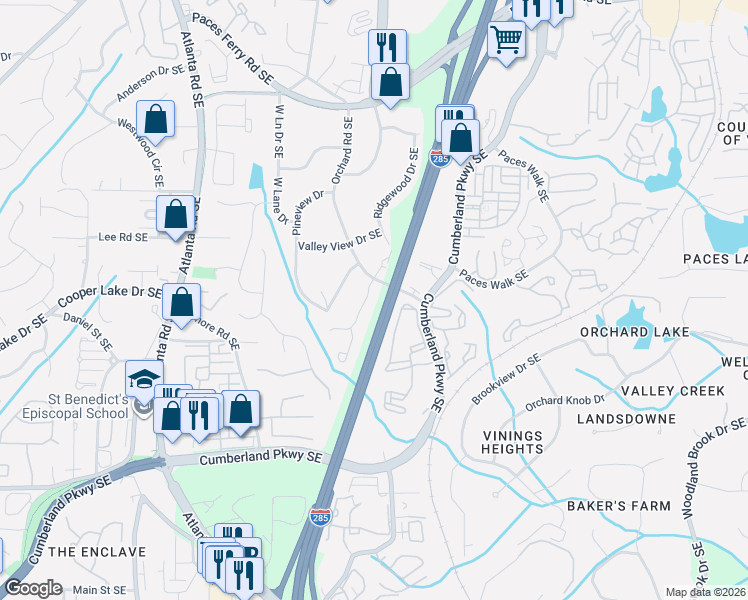 map of restaurants, bars, coffee shops, grocery stores, and more near 4155 Gateswalk Drive Southeast in Smyrna